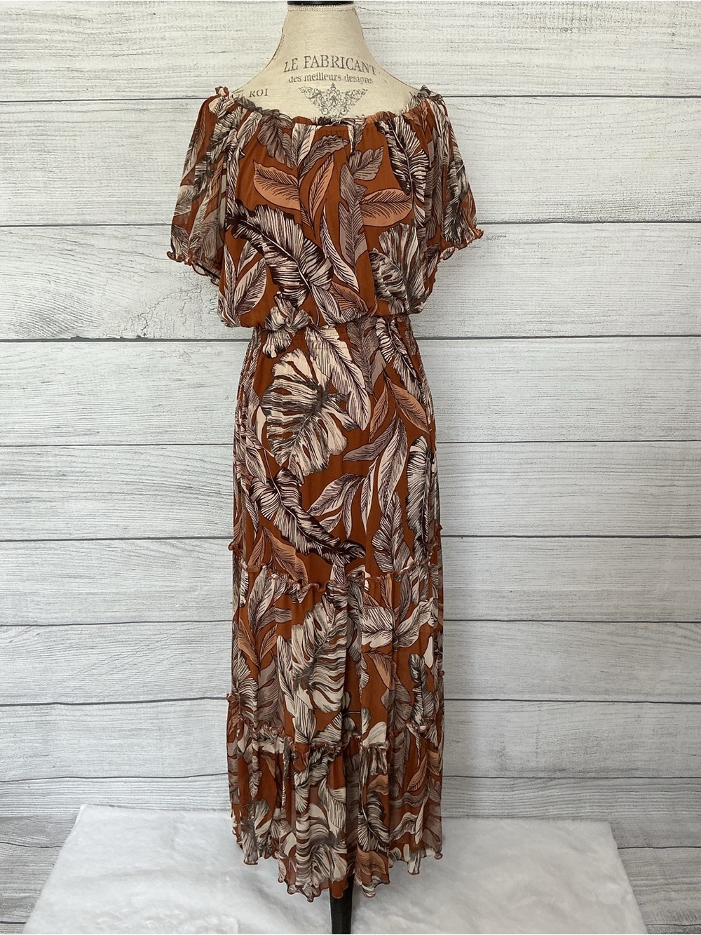 Kate and Lily Rust Leaf-Print Tropical Off-Shoulder Maxi Dress BNWT